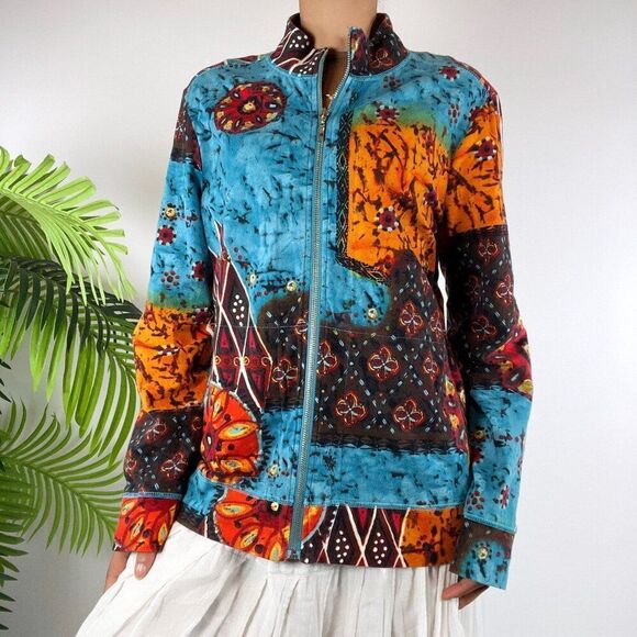 Vintage 90s Chico's Blue Patchwork Bohemian Hippie Lightweight Artsy Jacket / 1 - Picture 6 of 7